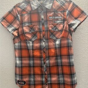 Harley-Davidson Men's Orange and Black Plaid Shirt